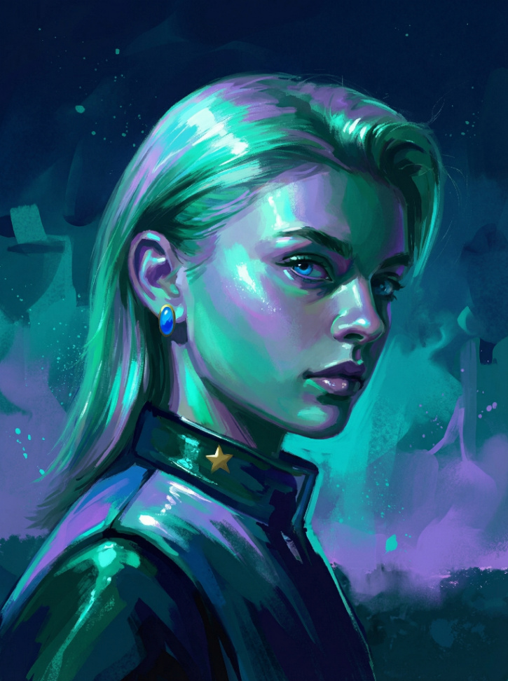 Painterly sci‑fantasy portrait with chunky shapes, wet‑gloss rendering, and expressive brushwork