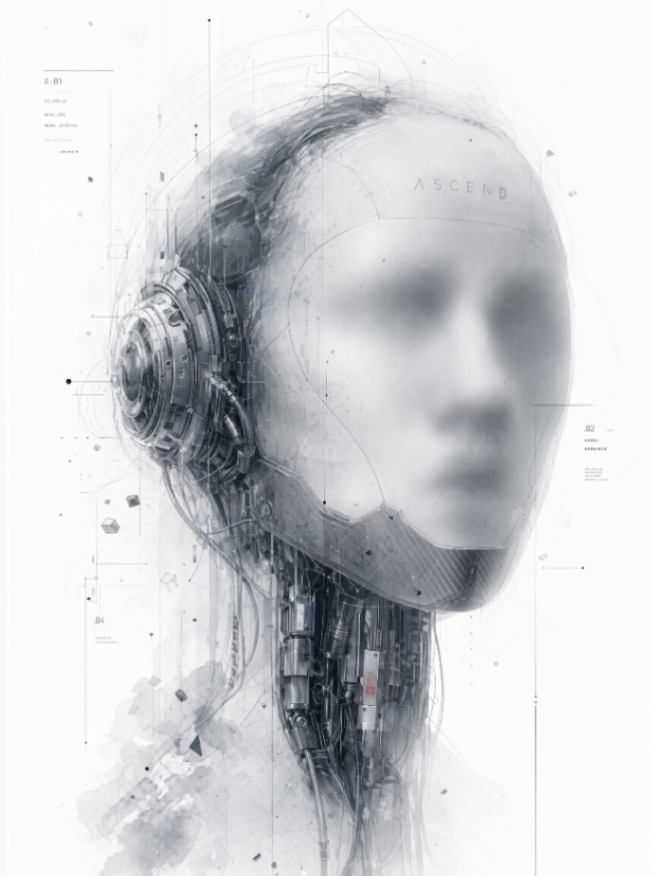 Digital concept illustration combining technical schematic precision with ink wash aesthetics